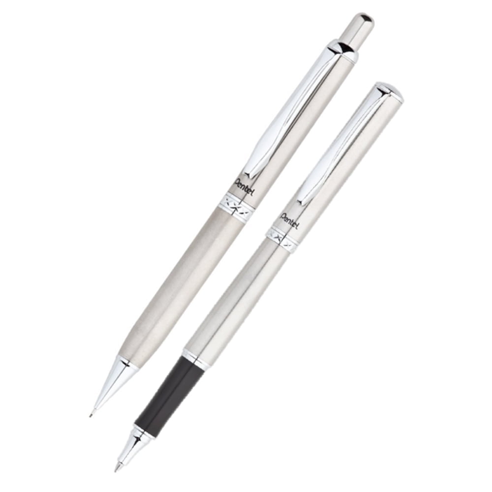 Pentel Libretto Pen and Pencil Set w/Box, Silver Barrels, Black Ink