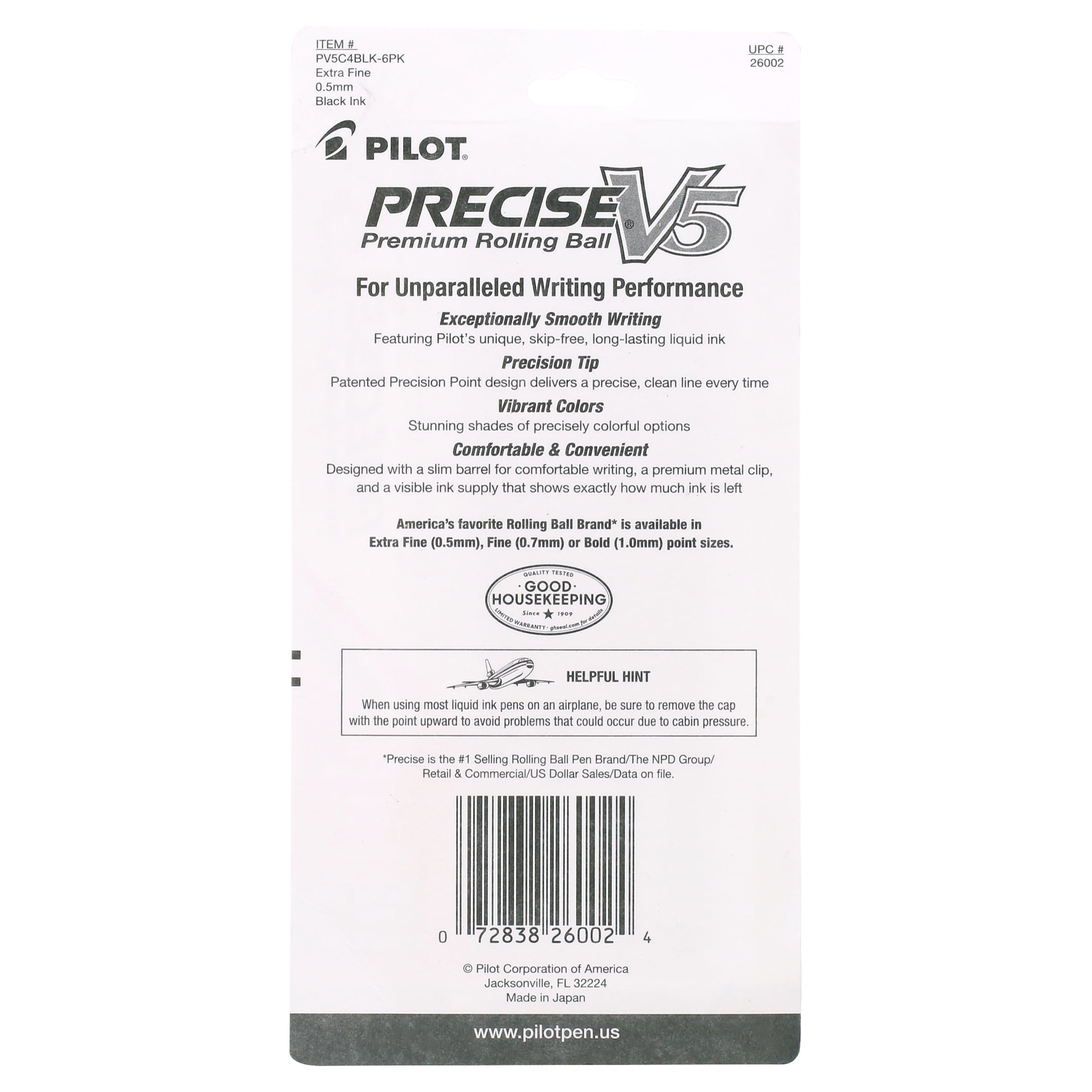 Pilot Precise V5 Rolling Ball Pens, Extra Fine, 0.5mm, Black Ink, 4 Pack