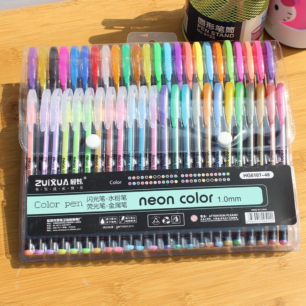 48pcs Gel Pens Gel Refills Rollerball Neon Glitter Pen Drawing Colors 60ml