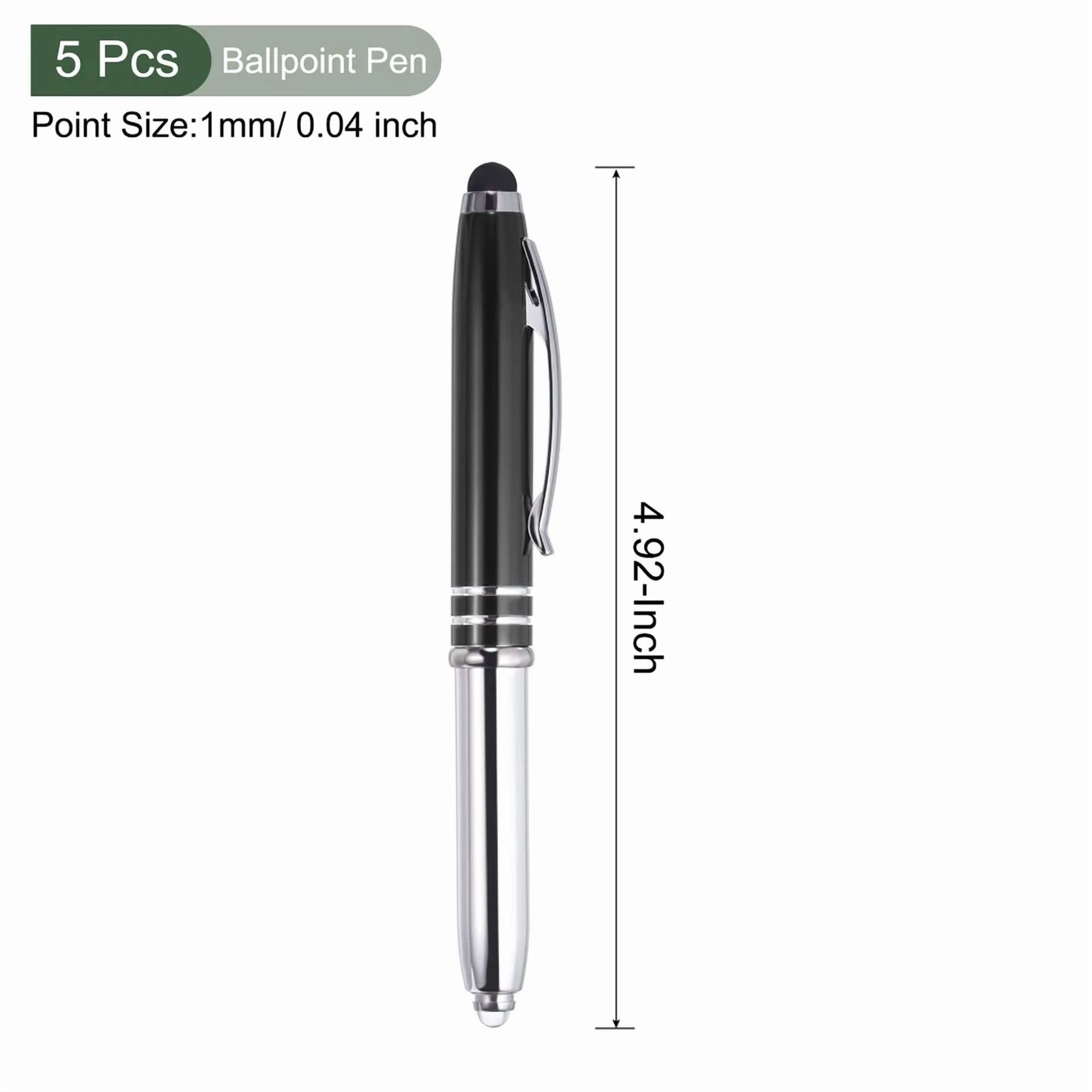 5 Pcs Ballpoint Pen With Stylus Tip And Led Flashlight 3 In 1 Black Ink Black