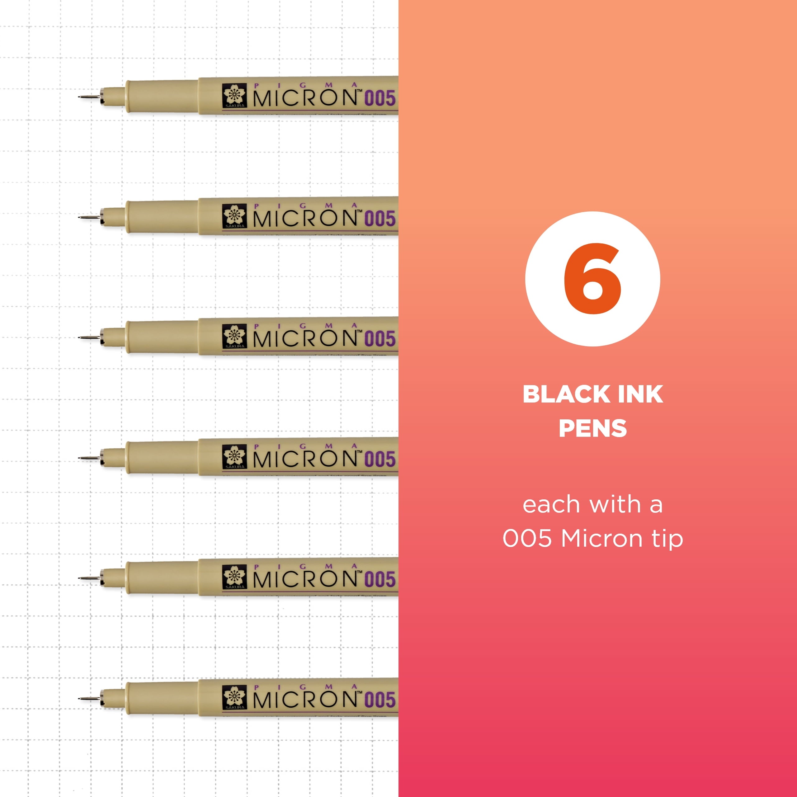 Pigma Micron Pens Pack, Fine, 0.2 mm, Black Ink, 6 Count
