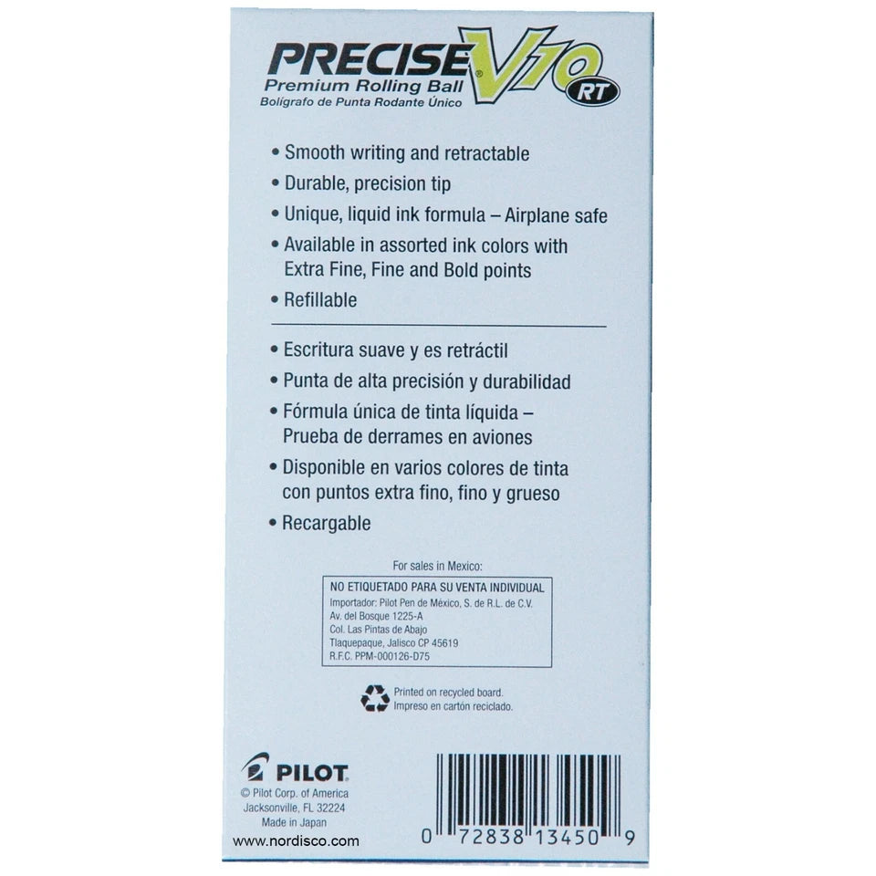 Pilot Precise V10 Rt, 3 Pens, 4 Packs Of Refills, Black Ink, 1.0Mm Bold Point