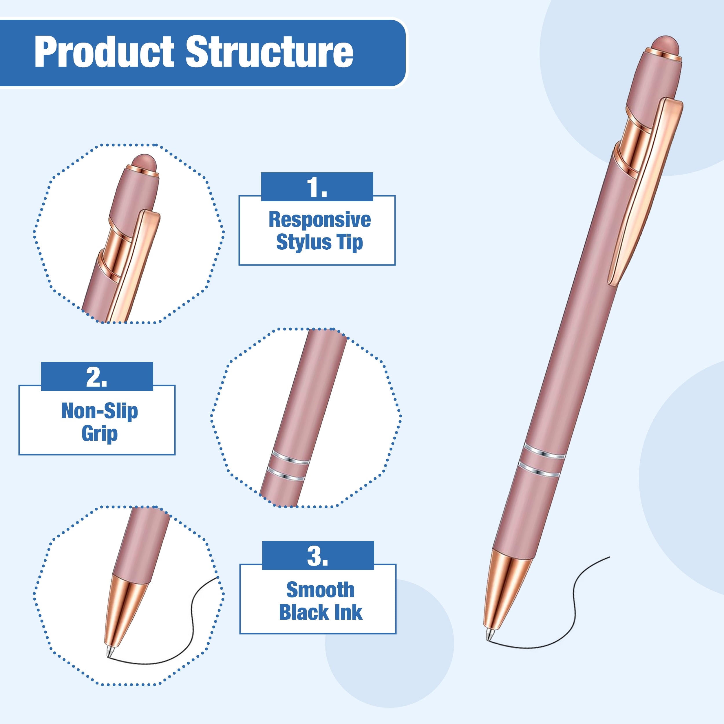 FareCo Stylus Ballpoint Pens, 8-Pack, Black, 2-in-1 Retractable Design, Touchscreen Compatible