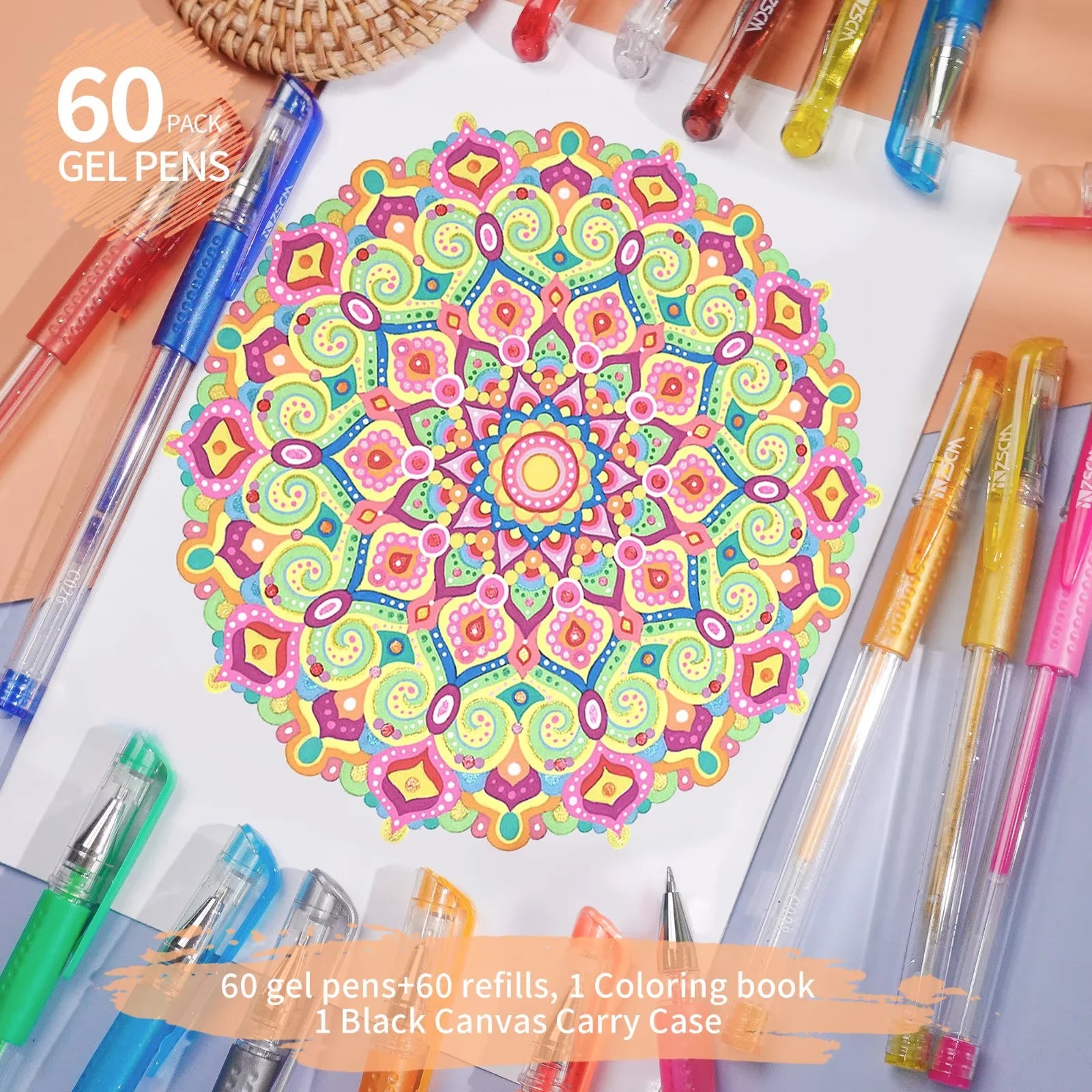 Gel Pens for Adult Coloring Books, Glitter Neon Gel Pens Set Include 60 Colors Gel Marker Pens, 60 Matching Color Refills, for Drawing Gift Card Art Crafts Doodling Scrapbooks Journaling