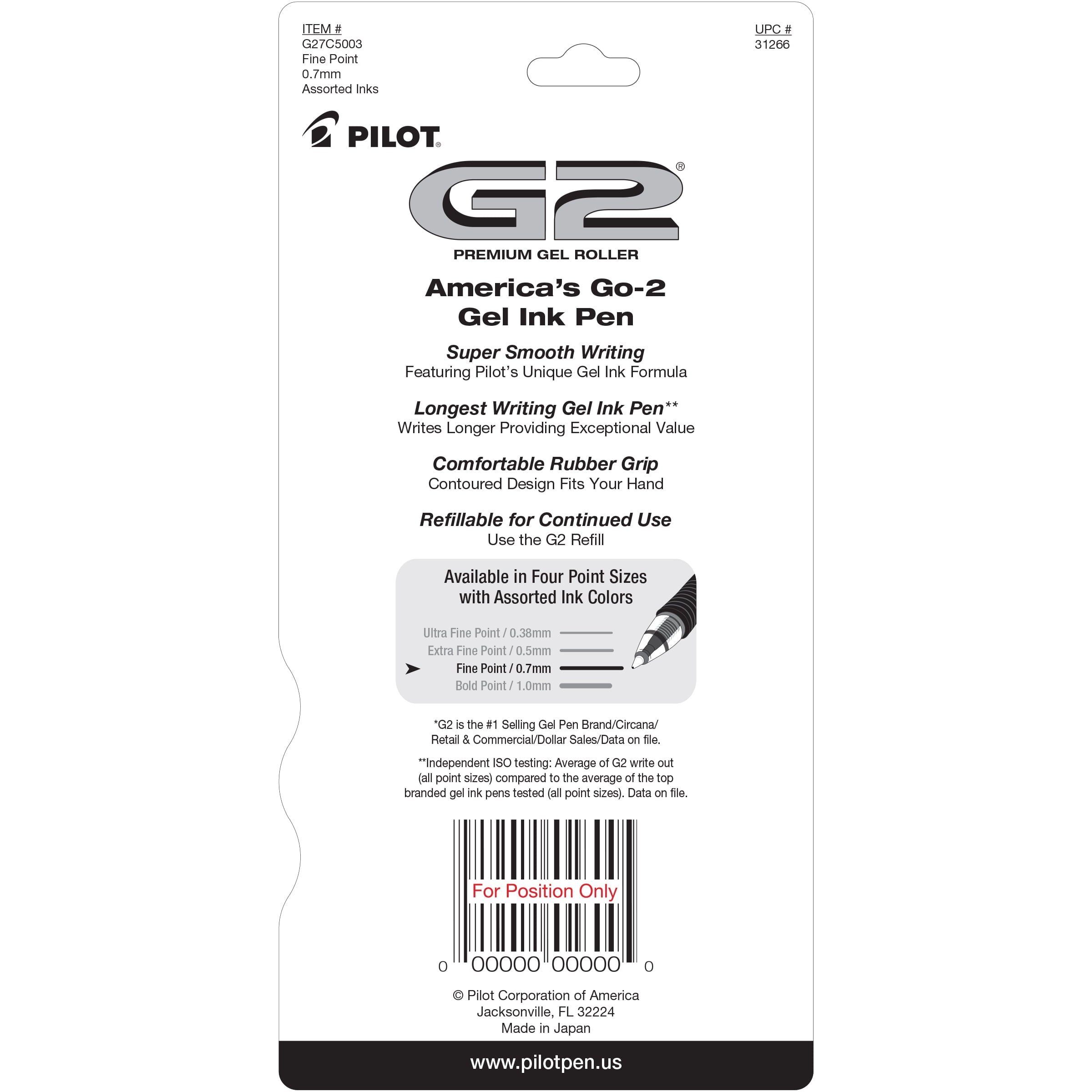 Pilot G2 Premium Retractable Gel Ink Rolling Ball Pen, Fine Point, Assorted Ink, 5 Count