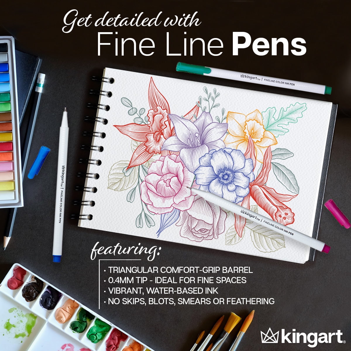 KINGART 48pc Fine Line Color Ink Pens, Size 0.4 mm