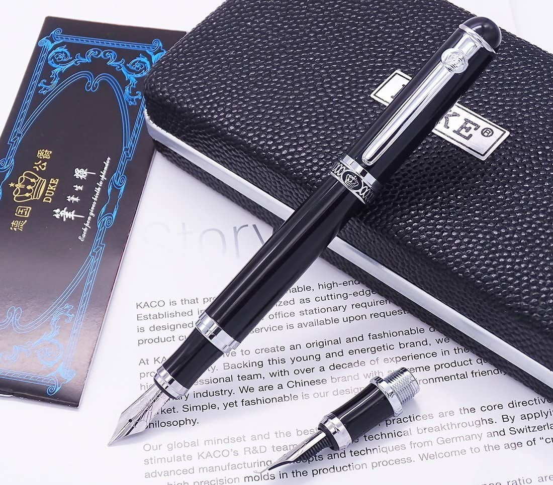 Duke Black Fountain Pen Double-Nibs Iridium Medium and Fude Calligraphy Nib Interchangeable Writing Gift Box Set for Office/Business/Art/Painting