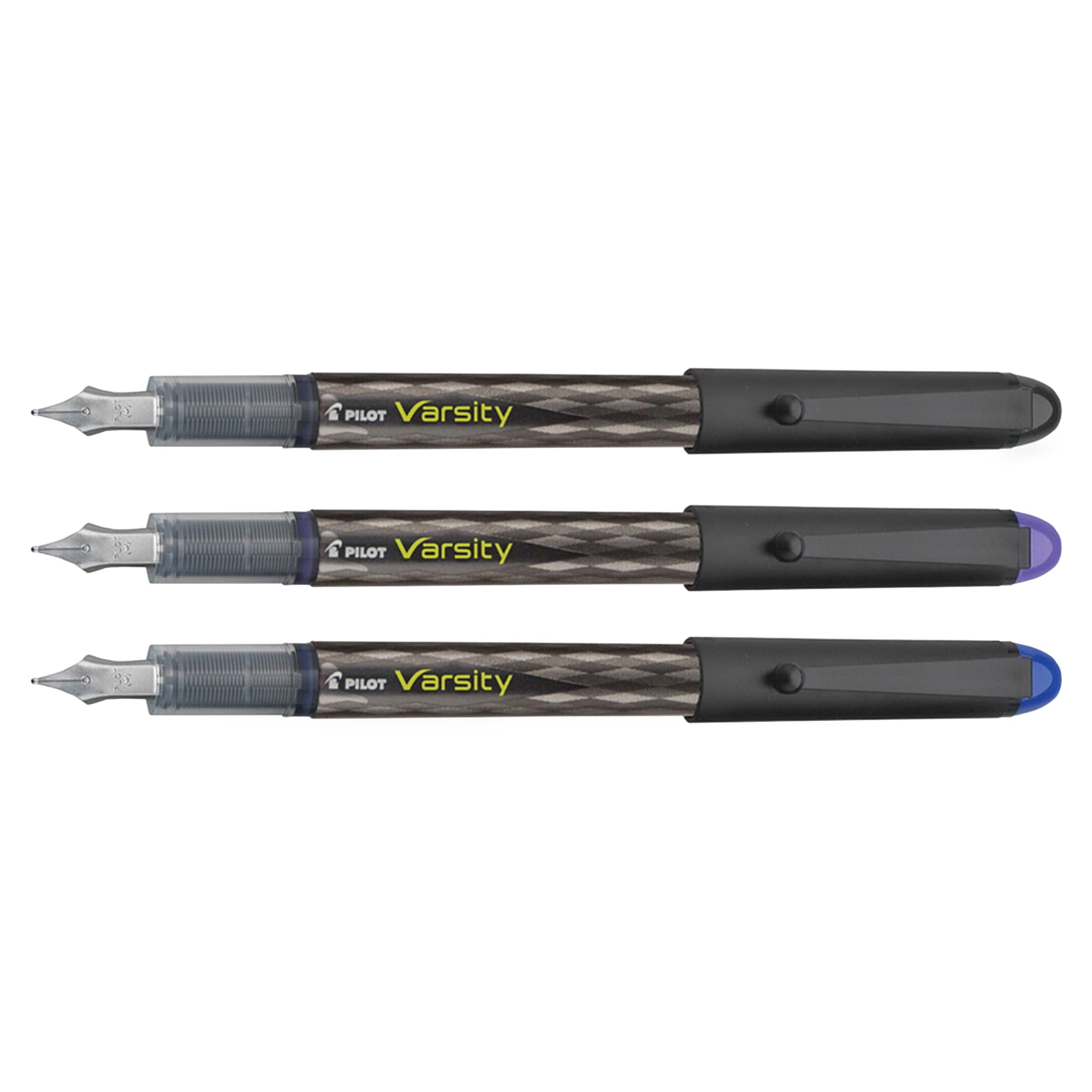 Pilot Varsity Disposable Fountain Pens - Medium Pen Point - Black, Blue, Purple - Black Barrel