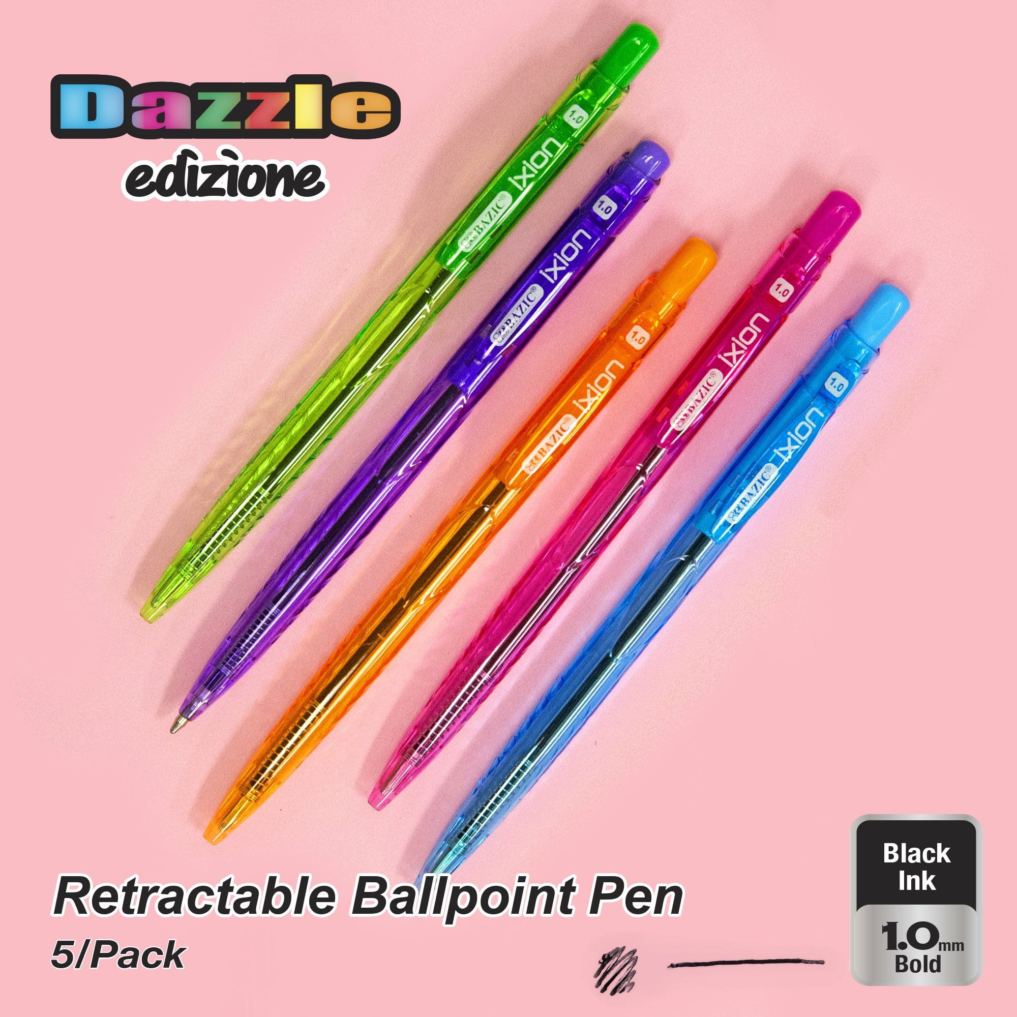BAZIC Ixion Black Color Retractable Ballpoint Pens, 1.0mm (5/Pack), 1-Pack