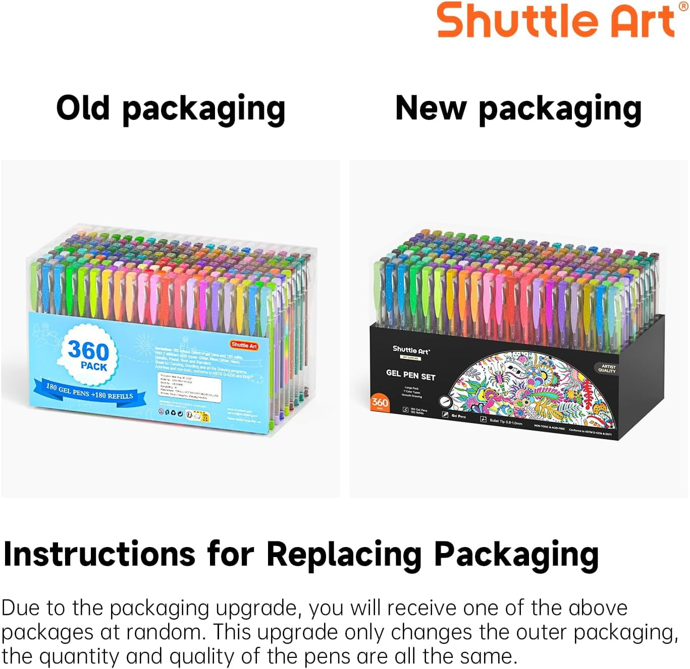 360 Pack Paint Gel Pens Set, Shuttle Art 180 Colors Gel Pen Set Plus 180 Color Refills for Adult Coloring Books Doodling Drawing Art Markers