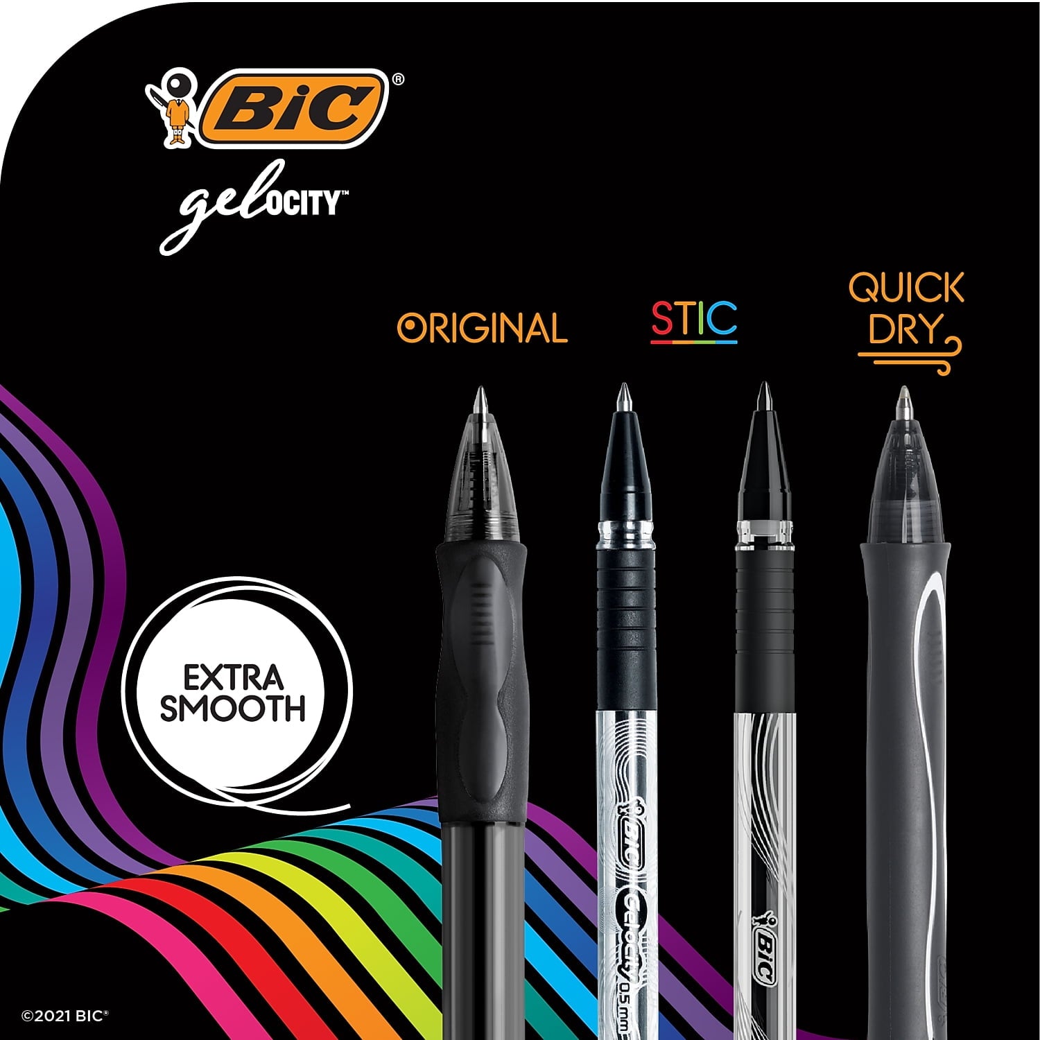 BIC Gel-ocity Stic Gel Pens, Medium Point, 0.7 mm, Clear Barrel, Assorted Ink, Pack of 14 Pens