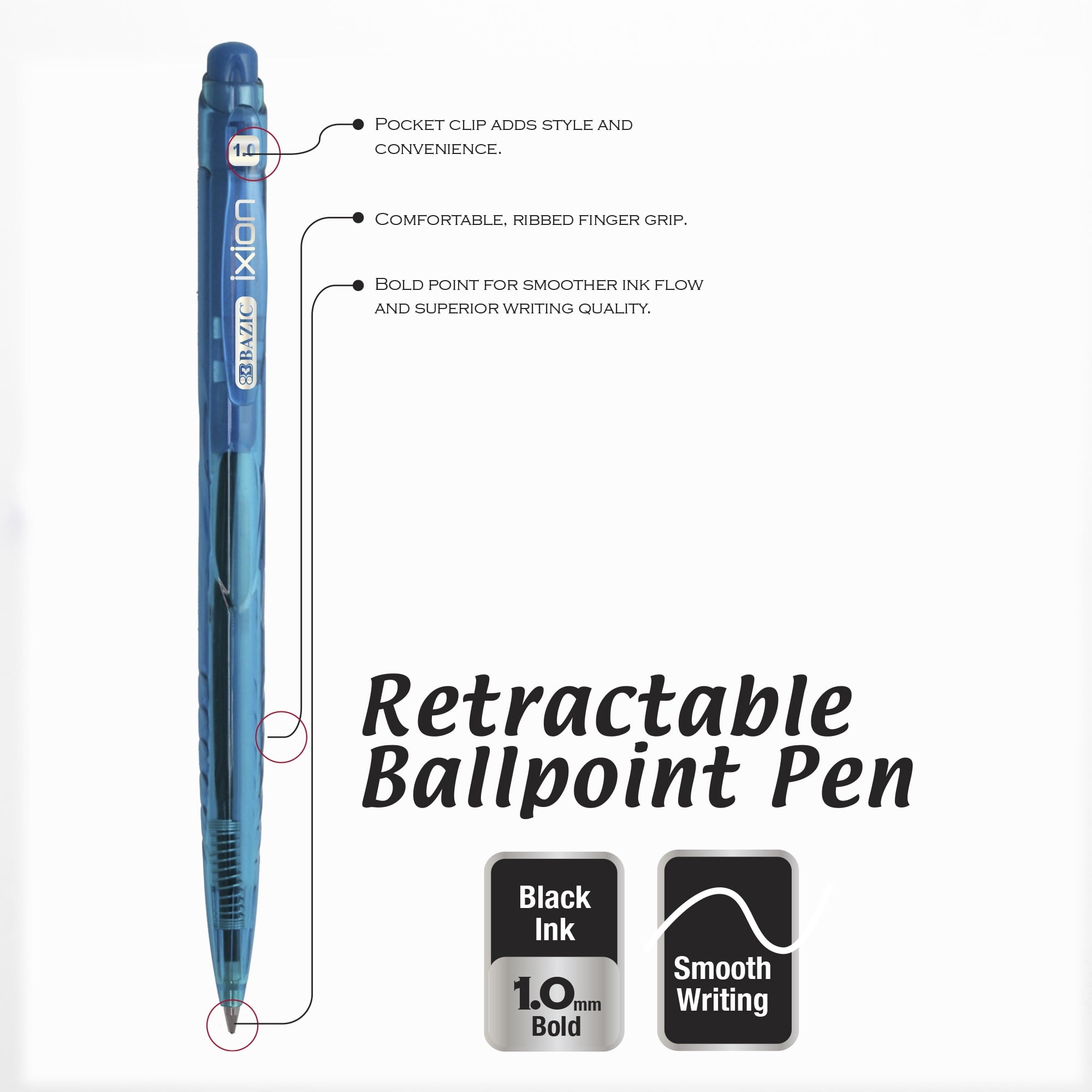 BAZIC Ixion Black Color Retractable Ballpoint Pens, 1.0mm (5/Pack), 1-Pack