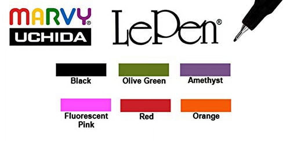 Marvy Le Pen Set of 6 Fine Tip Pens, Orang, Red, Fluorescent Pink, Amethyst, Olive Green, and Black