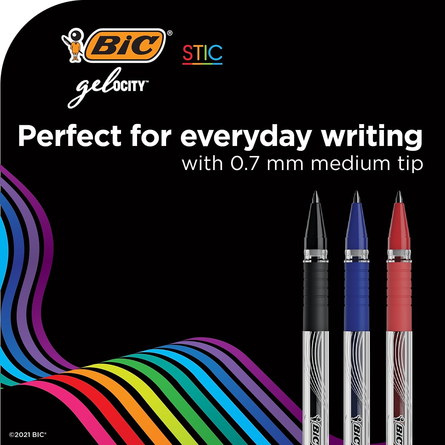 BIC Gel-ocity Stic Gel Pens, Medium Point, 0.7 mm, Clear Barrel, Assorted Ink, Pack of 14 Pens