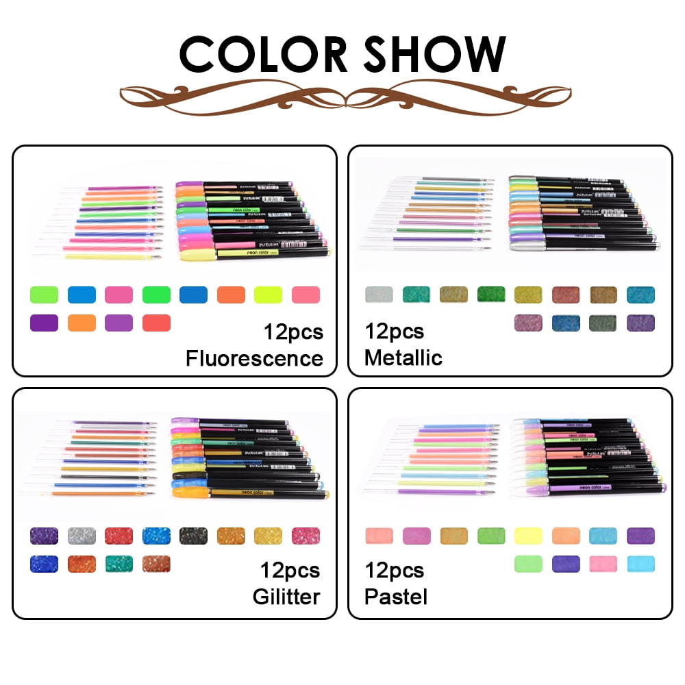 Jetcloudlive Metallic Pastel, Glitter, Neon 48 Gel Pens Set
