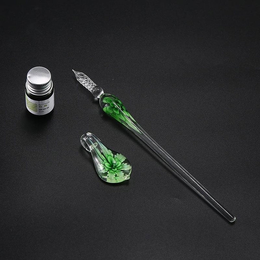 Walbest Glass Calligraphy Dip Pen and Ink Set, Glass Dip Crystal Pen with Ink and Holder, for Writing Art Decor Gift