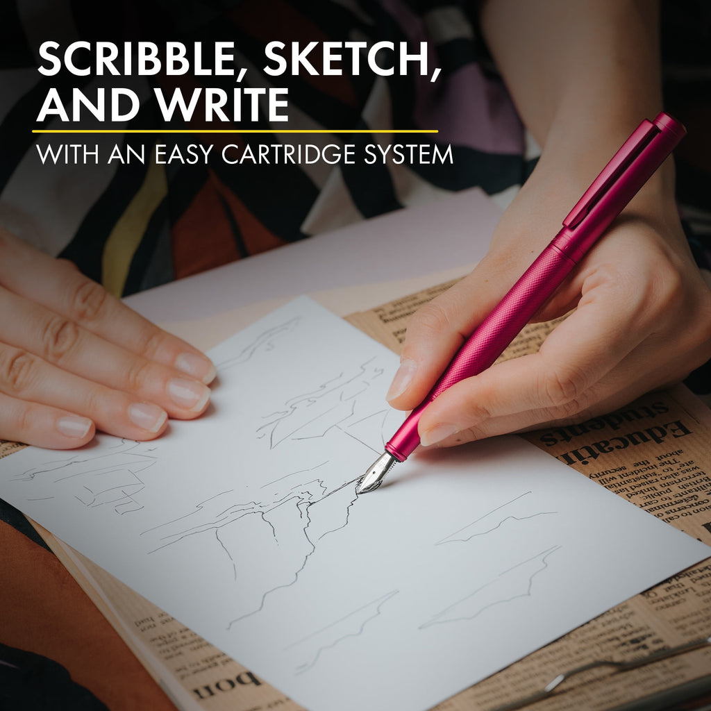 Scrivi Pens Luxury Fountain Pen Set-[Red] Fountain Pens for Writing - Smooth Extra Fine Nib - Includes Refillable Ink Converter, 5 Ink Cartridges [Black & Blue], Gift Box - Elegant Calligraphy