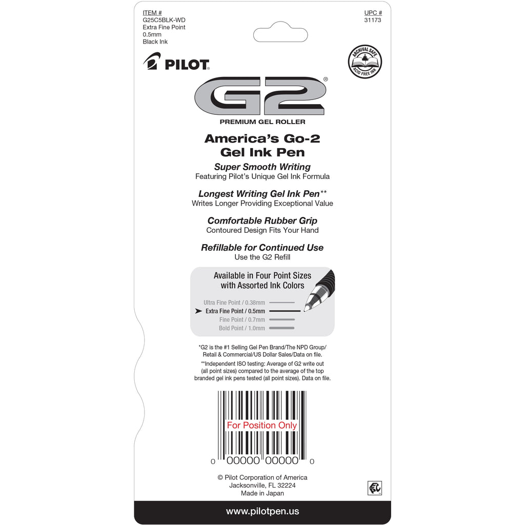 Pilot G2 Premium Retractable Gel Ink Pens, Extra Fine Point, Black, 5 Count