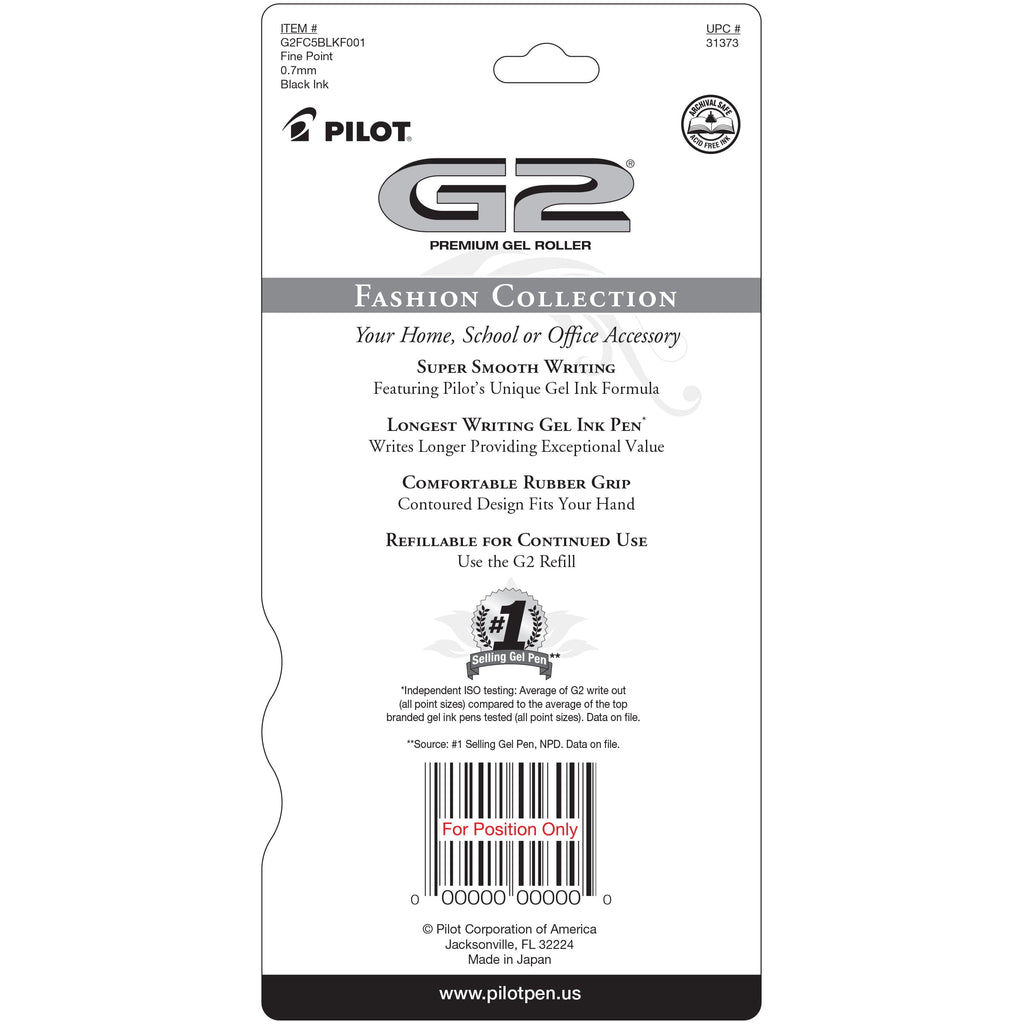 Pilot G2 Fashion Retractable Gel Ink Pens, Fine Point, Assorted Barrels, Black Ink, 5 Count
