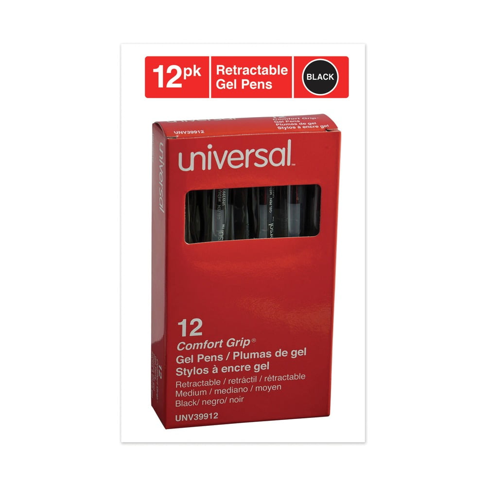 Universal UNV39912 0.7 mm. Medium Comfort Grip Retractable Gel Pen - Black Ink, Clear/Black Barrel (1-Dozen)