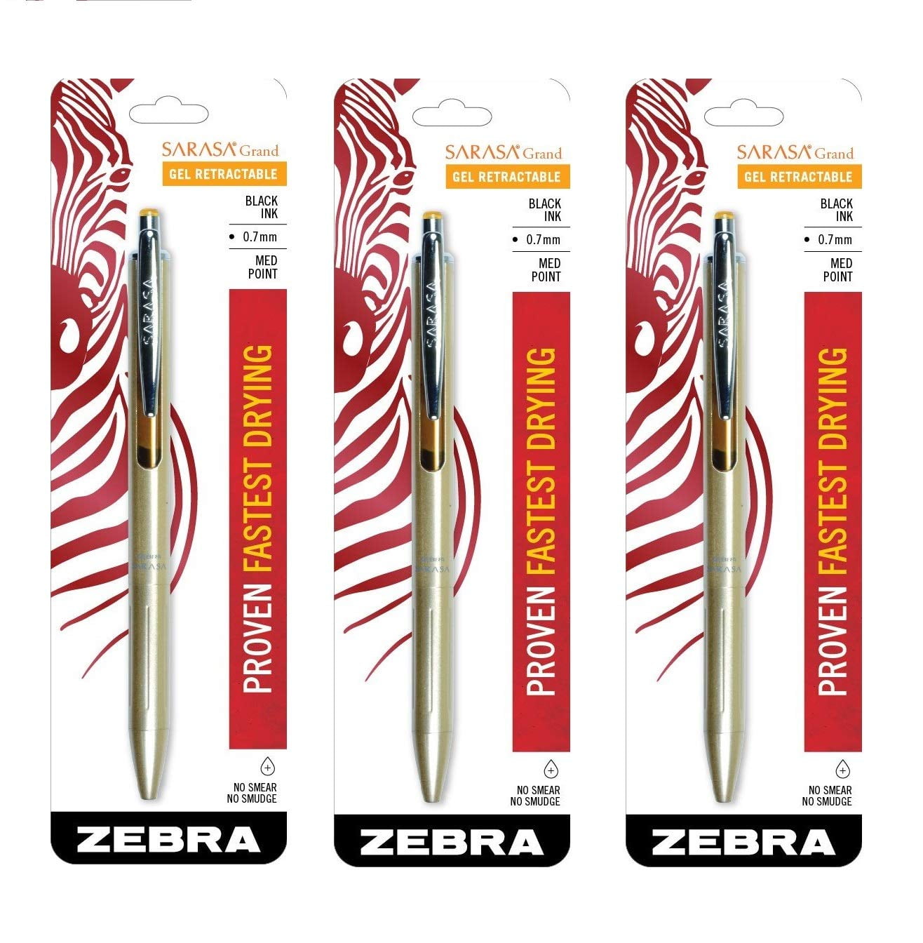 Zebra Sarasa Grand, Retractable Gel Ink Pen, Gold Barrel, Medium Point, 0.7mm, Black Ink, Sold as 3 Pack