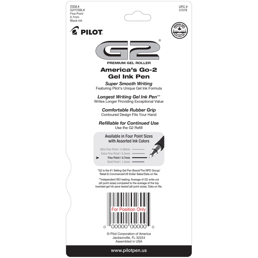 Pilot G2 Retractable Gel Ink Pens, Fine Point, 0.7mm. Black Ink, 5 Pack