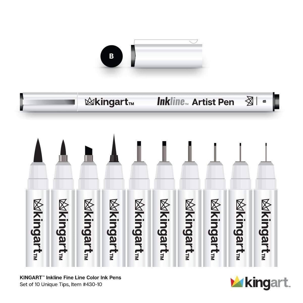 KINGART Inkline Art & Graphic Pens, Fine Line, Archival Black Ink, Assorted Sizes, 10 Count