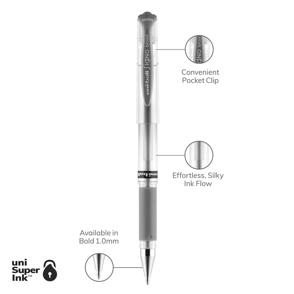 Uniball Gel Impact Pens, Bold Point (1.0mm), Silver Metallic Ink, 12 Count