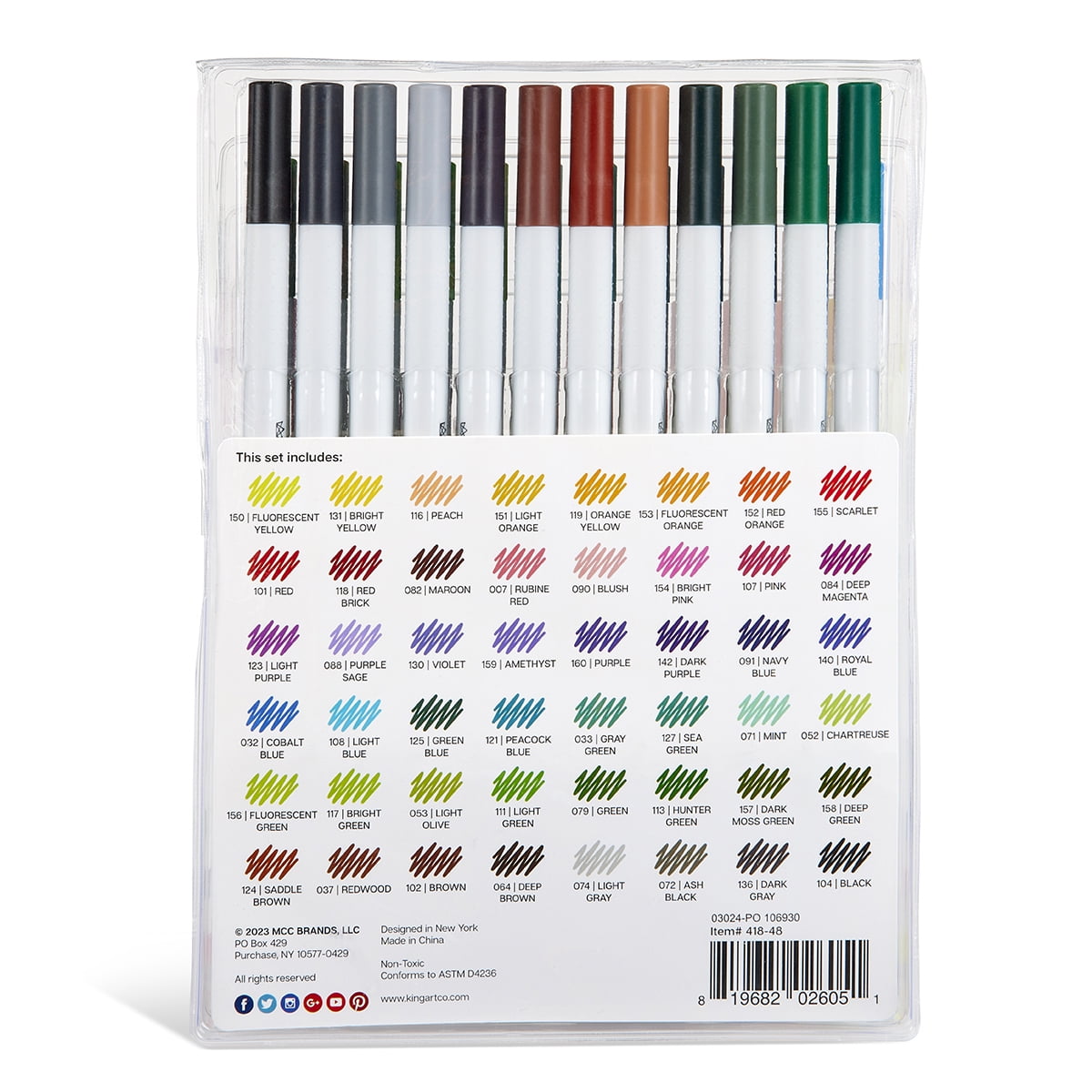 KINGART 48pc Fine Line Color Ink Pens, Size 0.4 mm