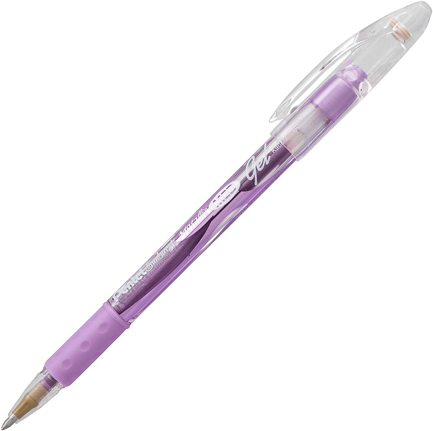 Pentel Sunburst Metallic Gel Pen, 0.8mm Tip Writes 0.4mm Line, Violet/Transparent Barrel Violet Ink, Box of 12 (K908-MV)