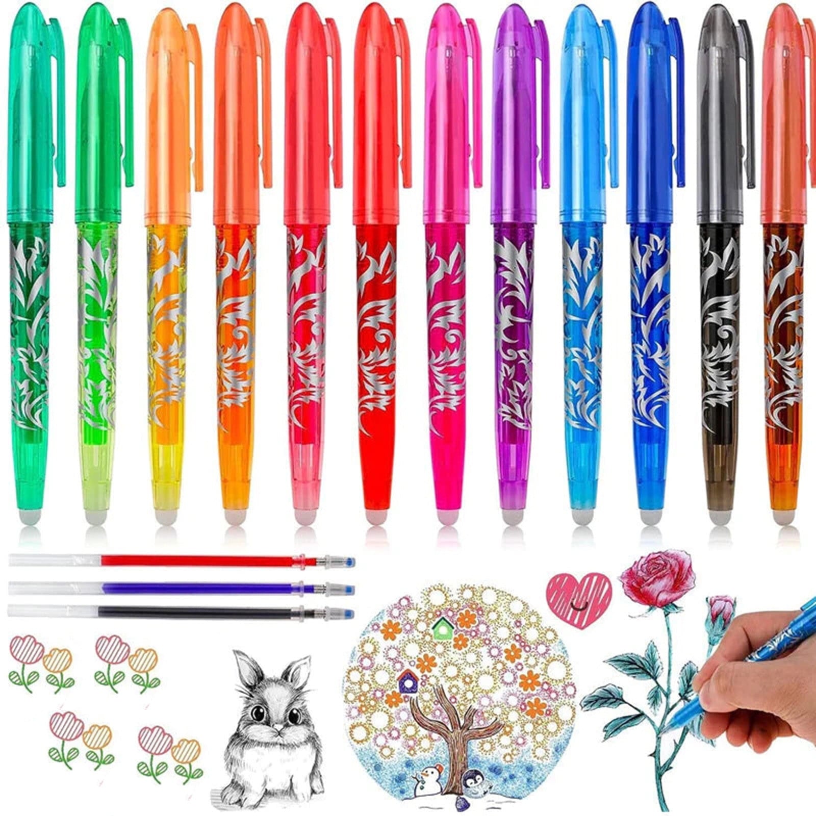 WNFJR 20ml Erasable Ballpoint Pen Set, 15 Assorted Colors with 0.5mm Stainless Steel Nib, Thermo Sensitive Gel Ink, Fine Point, Eraser Top, Non-Bleeding, for Smooth Writing & Drawing