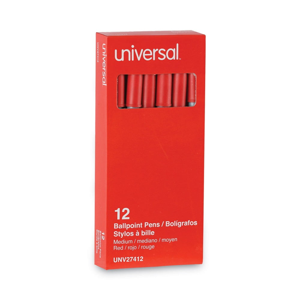 Universal UNV27412 Medium 1 mm Stick Ballpoint Pen - Red Ink, Gray/Red Barrel (1 Dozen)