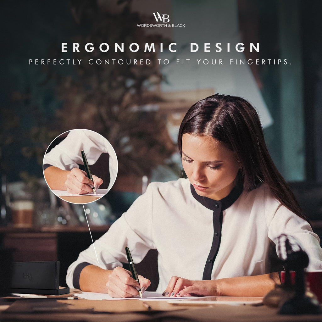 Wordsworth & Black Fountain Pen Set, 18K Gilded Fine Nib, Includes 24 Pack Ink Cartridges, Ink Refill Converter & Gift Box, Gold Finish, Calligraphy, [Silver Gold], Perfect for Men & Women