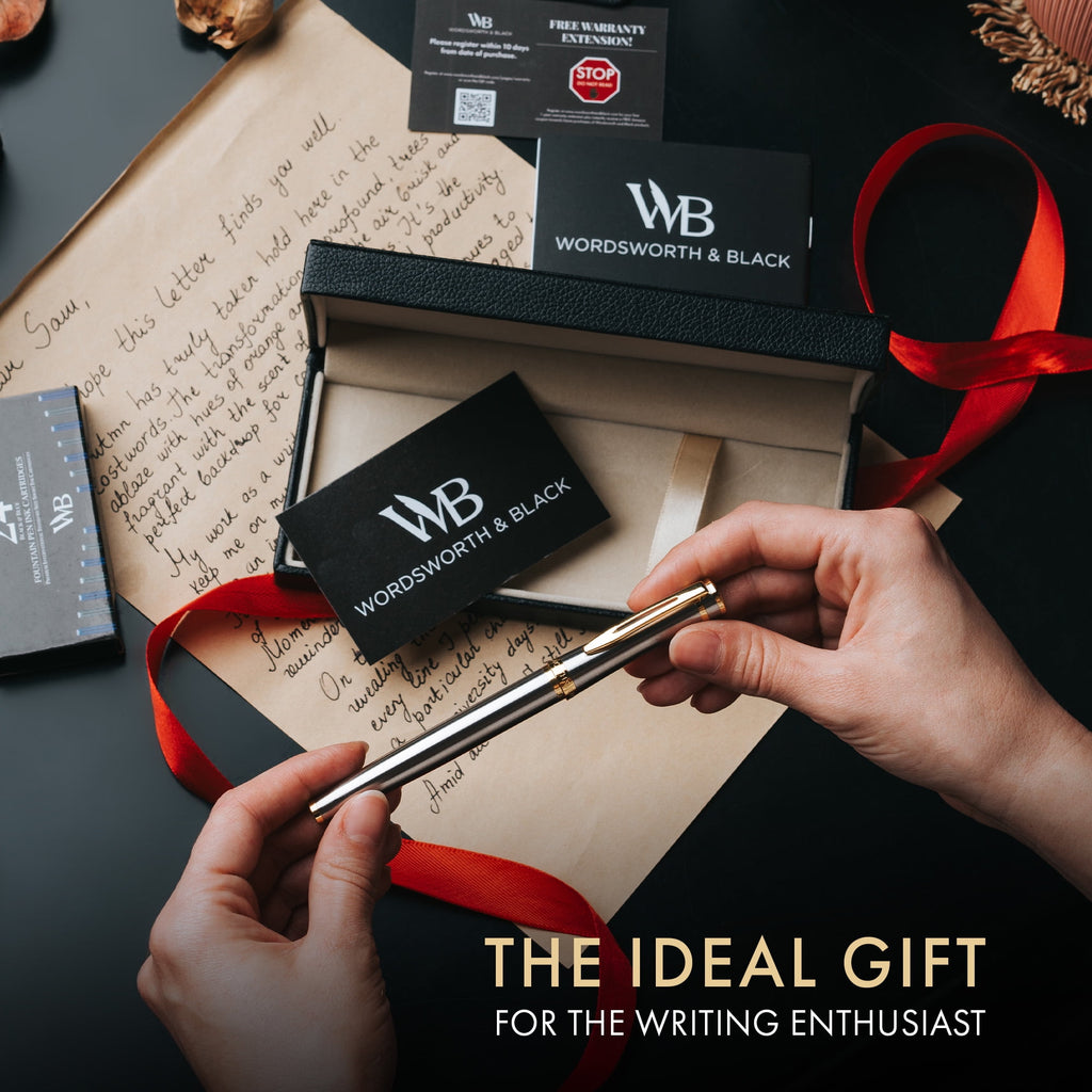Wordsworth & Black Fountain Pen Set, 18K Gilded Fine Nib, Includes 24 Pack Ink Cartridges, Ink Refill Converter & Gift Box, Gold Finish, Calligraphy, [Silver Gold], Perfect for Men & Women