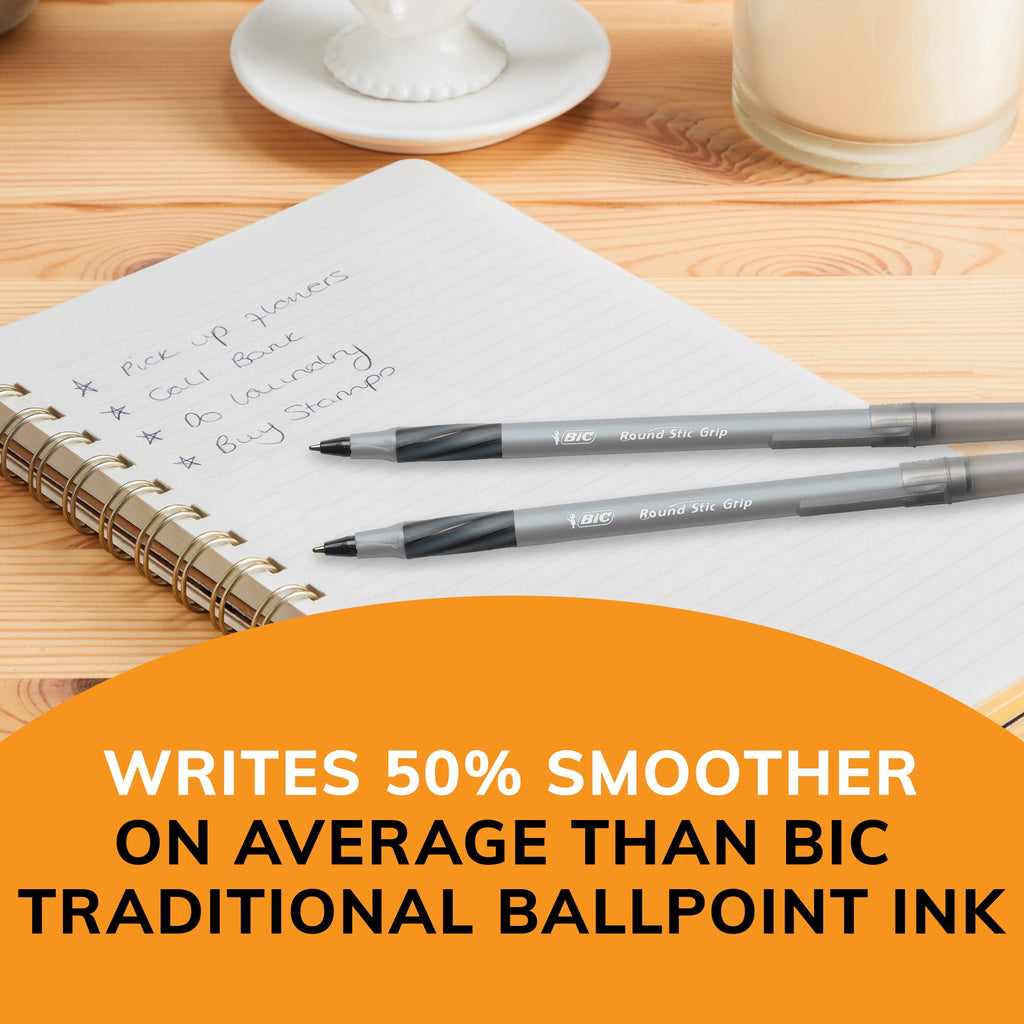 BIC Round Stic Grip Xtra Comfort Ballpoint Pen, Stick, Fine 0.8 mm, Blue Ink, Gray/Blue Barrel, Dozen