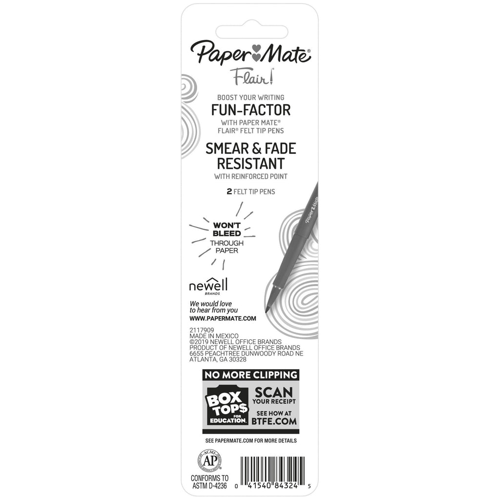 Paper Mate Flair Felt Tip Pen, .7mm, Black, 2/Pkg.