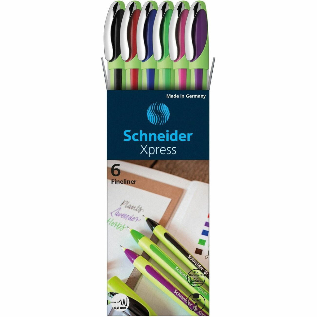 Schneider Xpress Fineliner Pens, Box of 6, 0.8 mm Tip, Precise Writing, Comfortable Grip, Cap-Off Ink Technology, Water-Based Ink, Made in Germany
