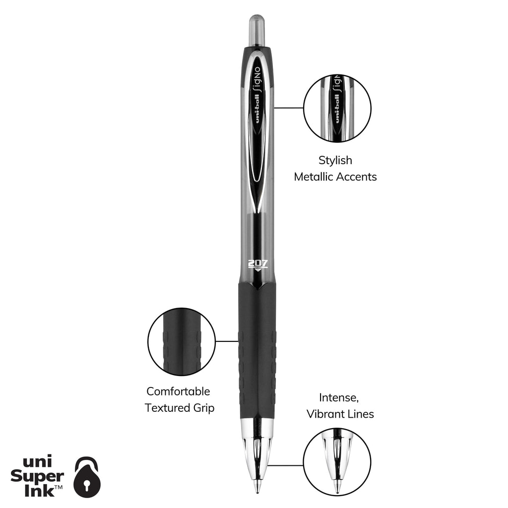Uniball 207 Retractable Gel Pens, Medium Point (0.7mm), Black Ink, 12 Count