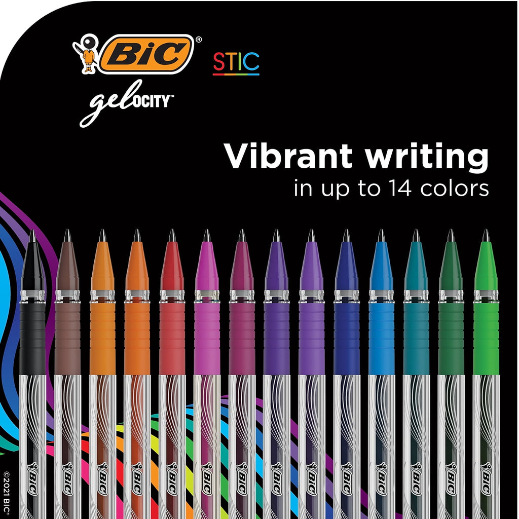 BIC Gel-ocity Stic Gel Pens, Medium Point, 0.7 mm, Clear Barrel, Assorted Ink, Pack of 14 Pens