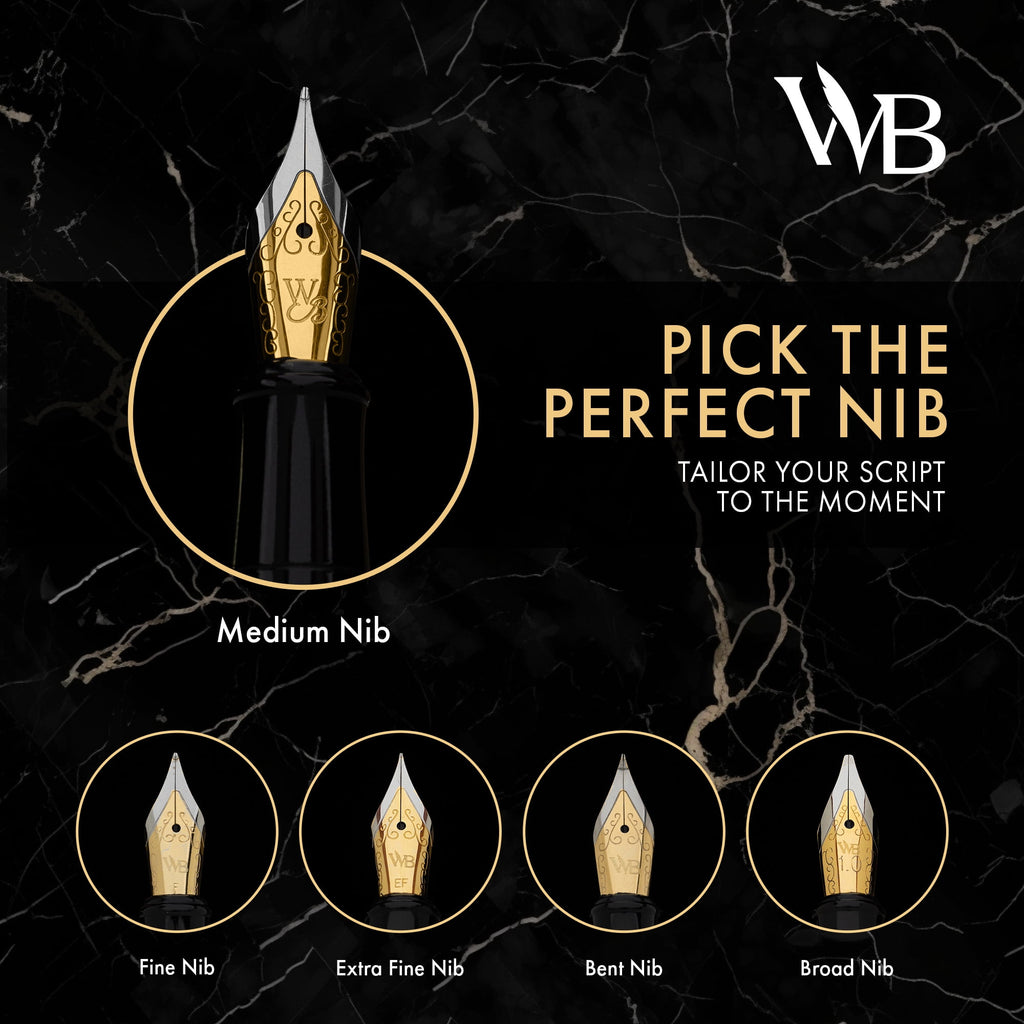 Wordsworth & Black Fountain Pen Set, 18K Gilded Fine Nib, Includes 24 Pack Ink Cartridges, Ink Refill Converter & Gift Box, Gold Finish, Calligraphy, [Silver Gold], Perfect for Men & Women