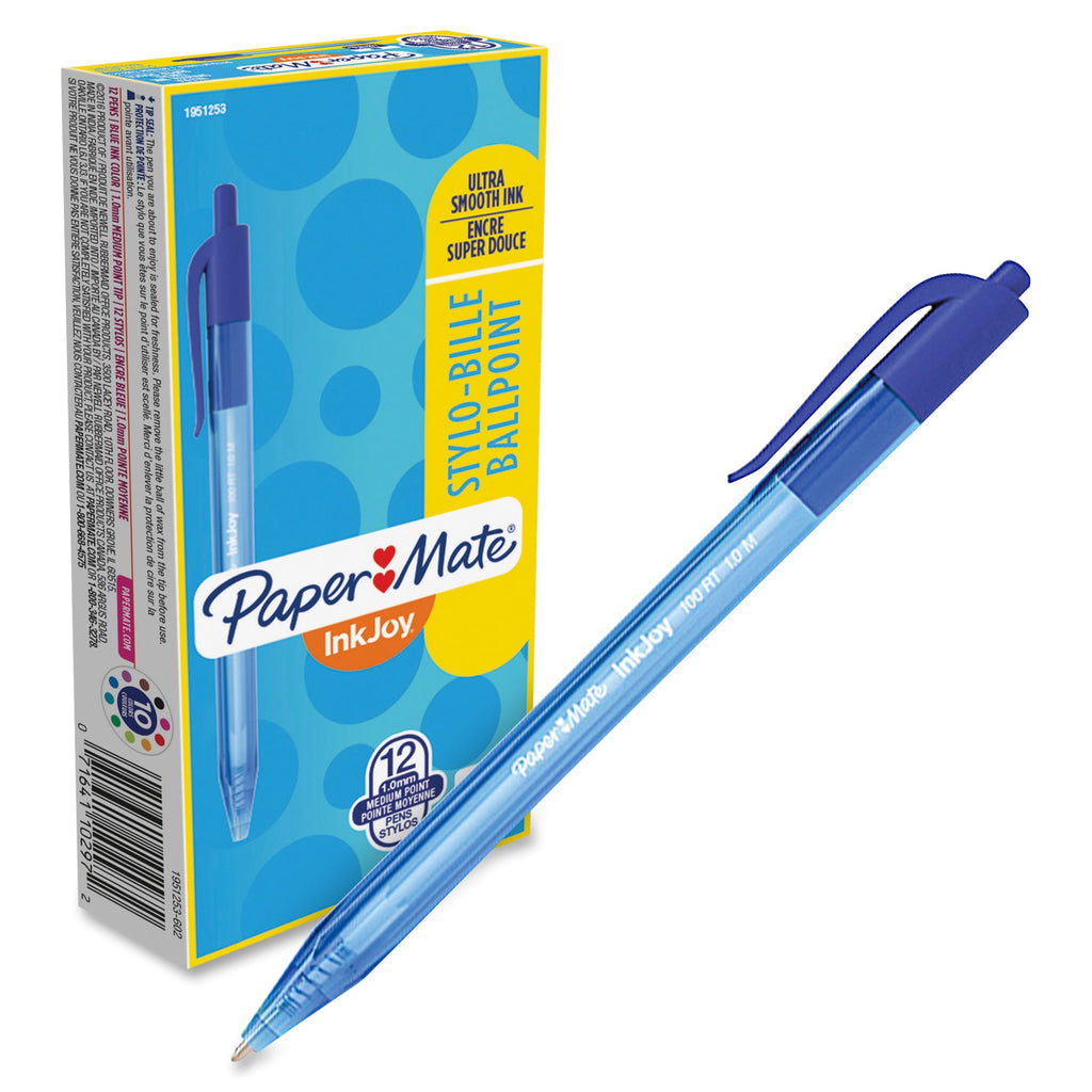 Paper Mate 1951253 InkJoy 100 RT 1 mm Retractable Ballpoint Pen - Blue Ink/Translucent Blue Barrel/Medium (1-Dozen)