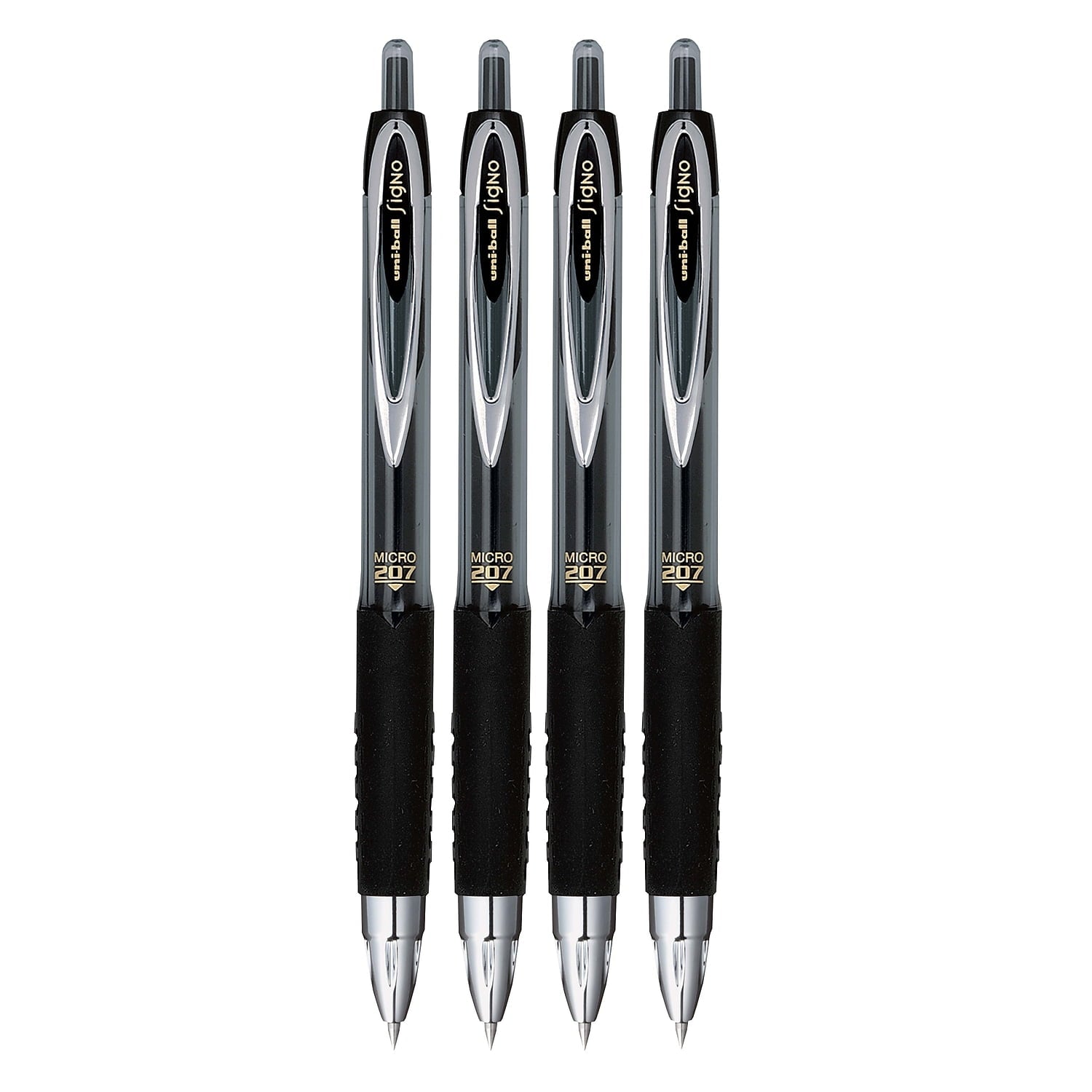 uni-ball® 207™ Retractable Fraud Prevention Gel Pens, Ultra Micro Point, 0.38 mm, Translucent Black Barrels, Black Ink, Pack Of 4