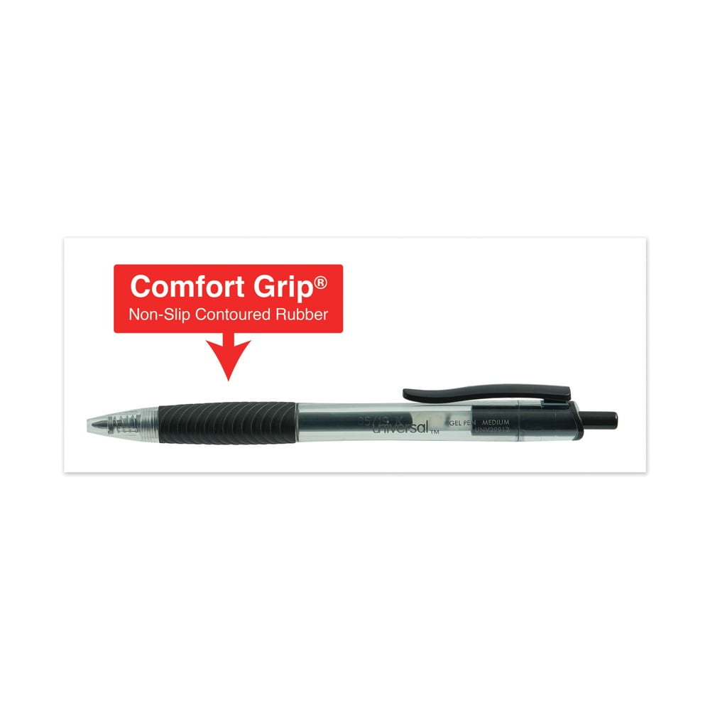 Universal UNV39912 0.7 mm. Medium Comfort Grip Retractable Gel Pen - Black Ink, Clear/Black Barrel (1-Dozen)