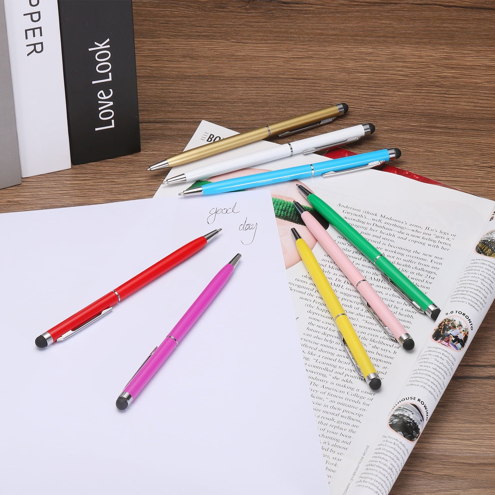 Uxcell 6pcs Metal Stylus Pen Ballpoint Pen 2 in 1 Universal Retractable Ink Pen with Stylus Tips Pink