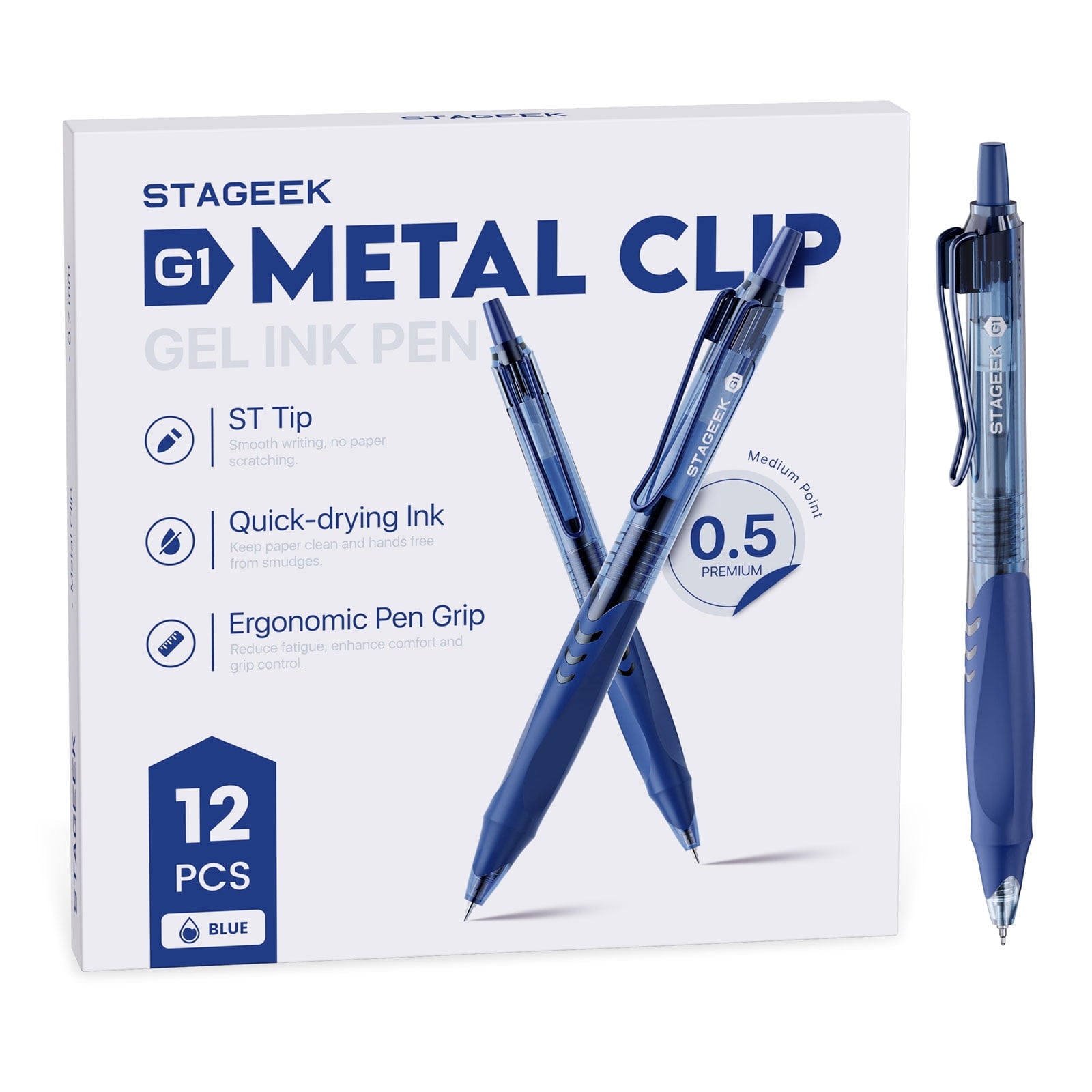 STAGEEK Blue Gel Pens, Quick Dry Blue Ink Pens, 0.5mm Fine Point Retractable Smooth Writing Pens,12