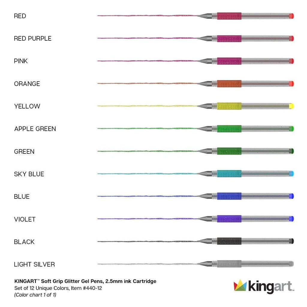 KINGART Glitter Gel Pens, Soft Grip, 2.5 mm, 12 Count
