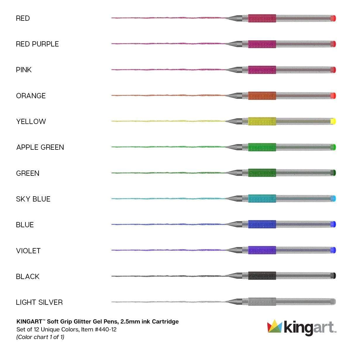 KINGART Glitter Gel Pens, Soft Grip, 2.5 mm, 12 Count