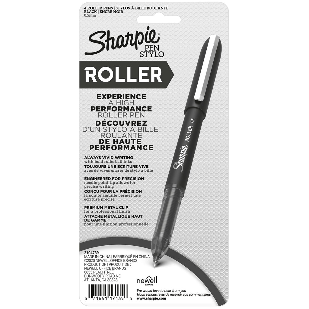 Sharpie RollerBall Pen, Needle Point (0.5mm) Precision Pen, Black Ink, 4 Count