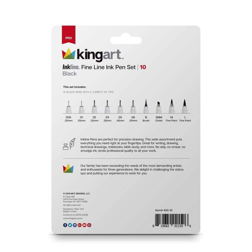 KINGART Inkline Art & Graphic Pens, Fine Line, Archival Black Ink, Assorted Sizes, 10 Count