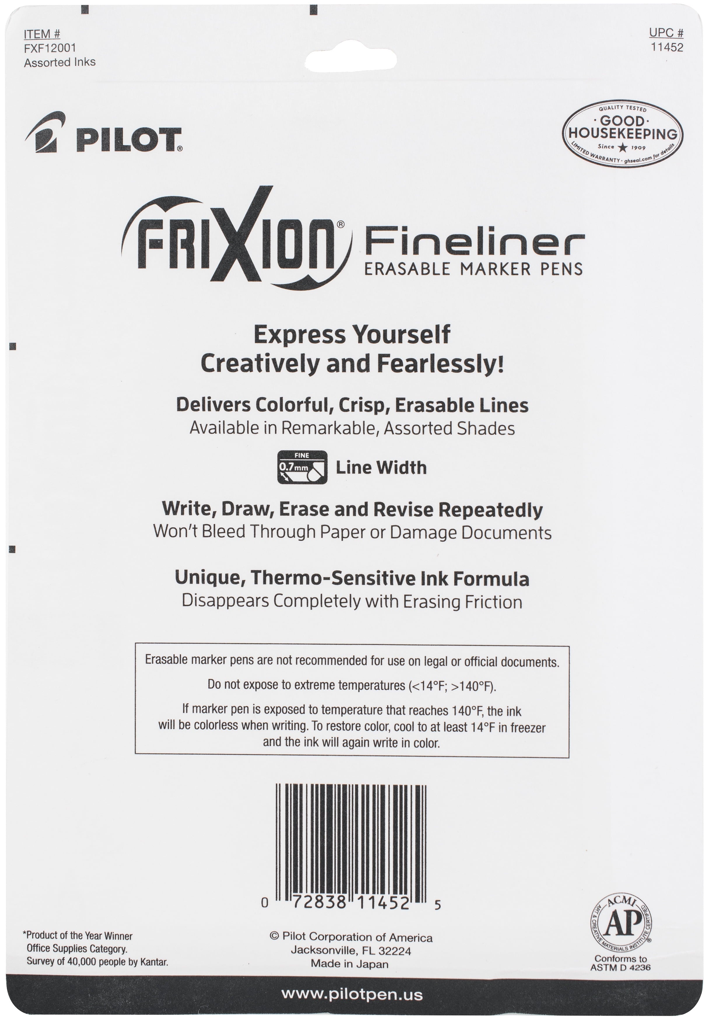 FriXion, PIL11452, Fineliner Erasable Marker Pens, 12 / Set